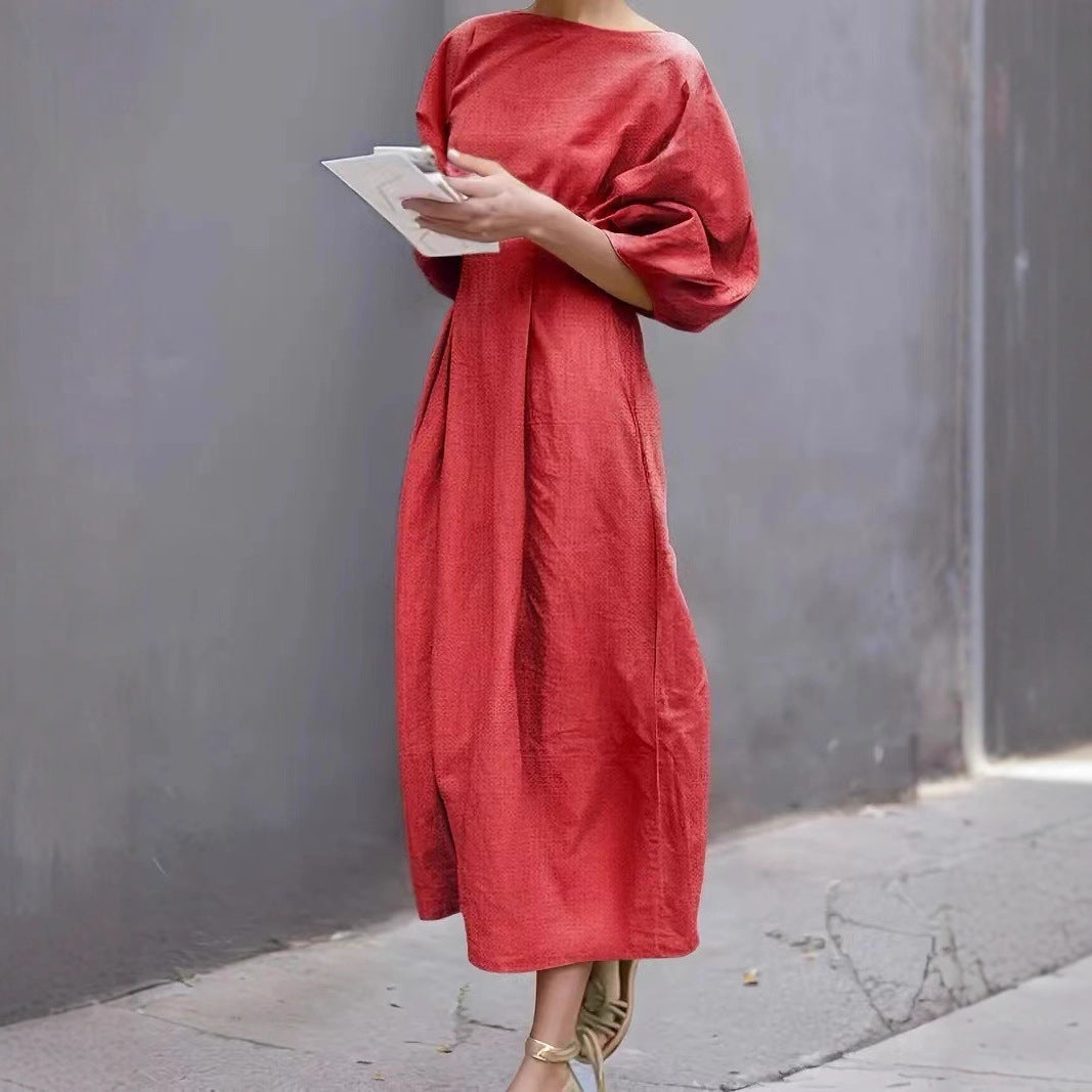 Casual Long Dress With A Round Neck And Bubble Sleeves