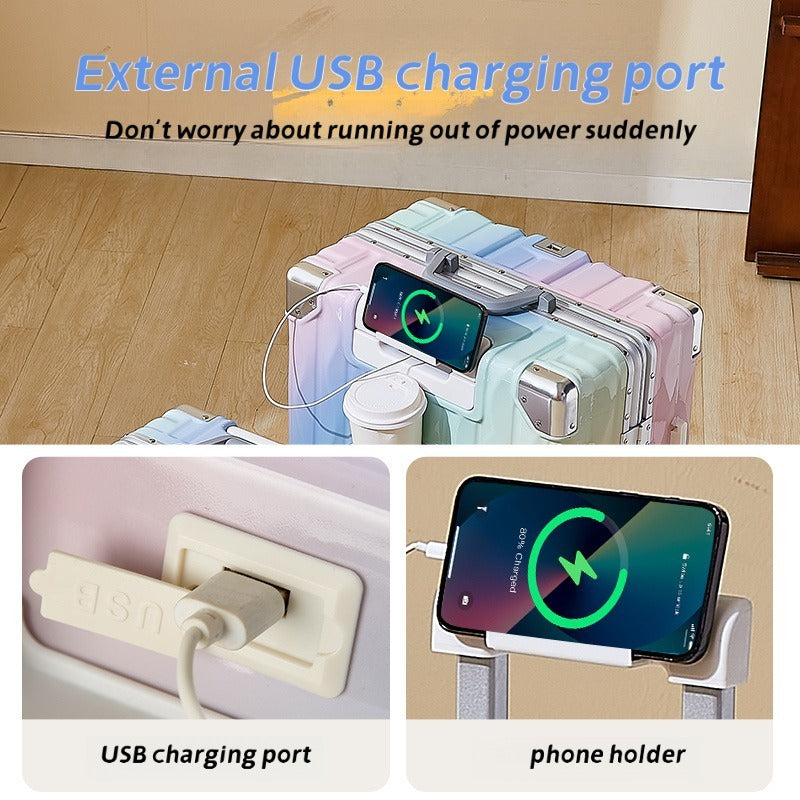 Aluminum Frame Hard Shell Luggage, Colorful And Fashionable, No Zipper Aluminum Frame, TSA Lock, With Cup Holder USB Interface, Aluminum Frame Travel Box, Durable Password Box