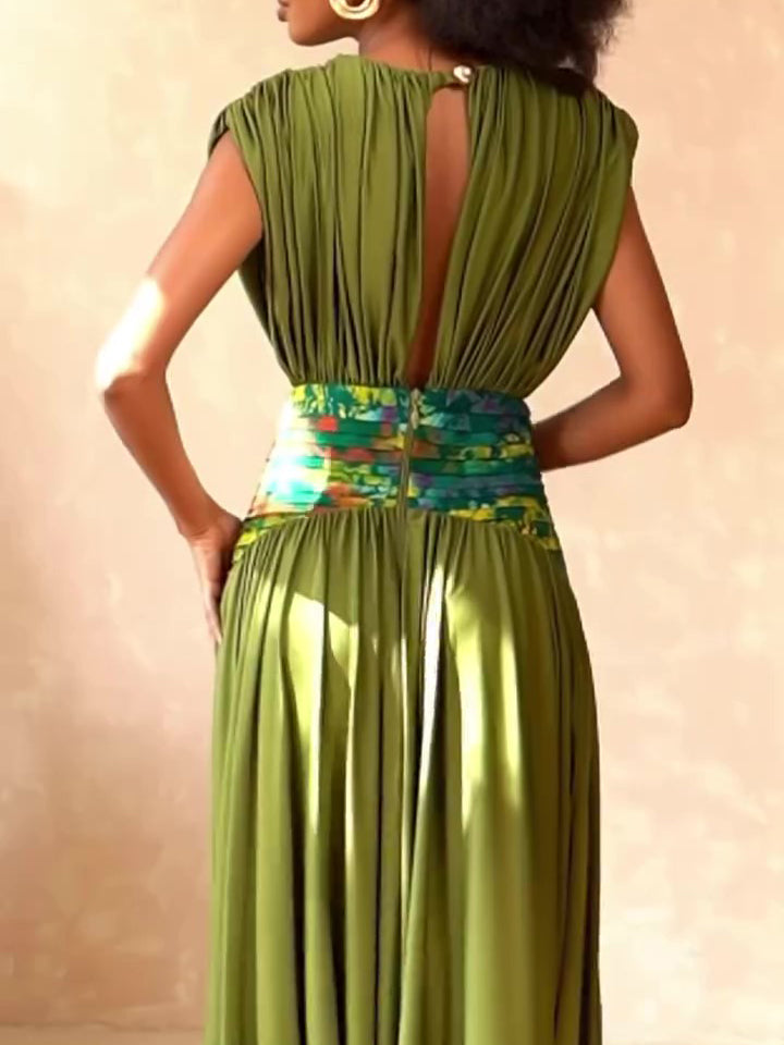 Sheen Deep V Ruched Printed Waistband Maxi Dress