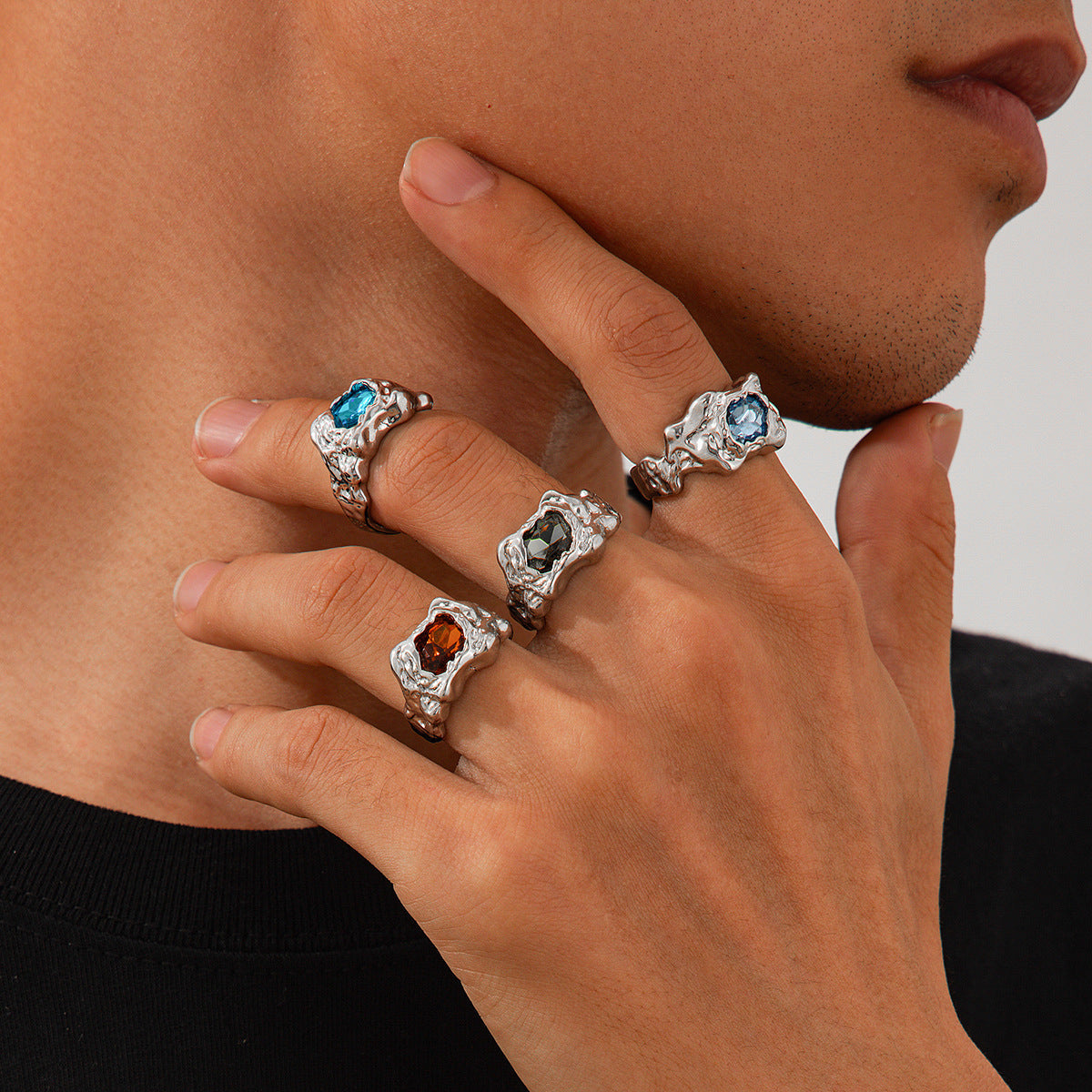 European And American Fashion Cool Pleated Lava Metal Gemstone Ring For Men