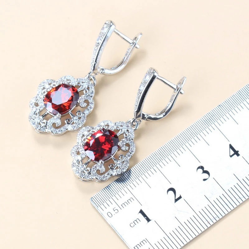 Garnet Cubic Zirconia Earrings Pendant Necklace Bracelet Ring Gift 4 PCs Set