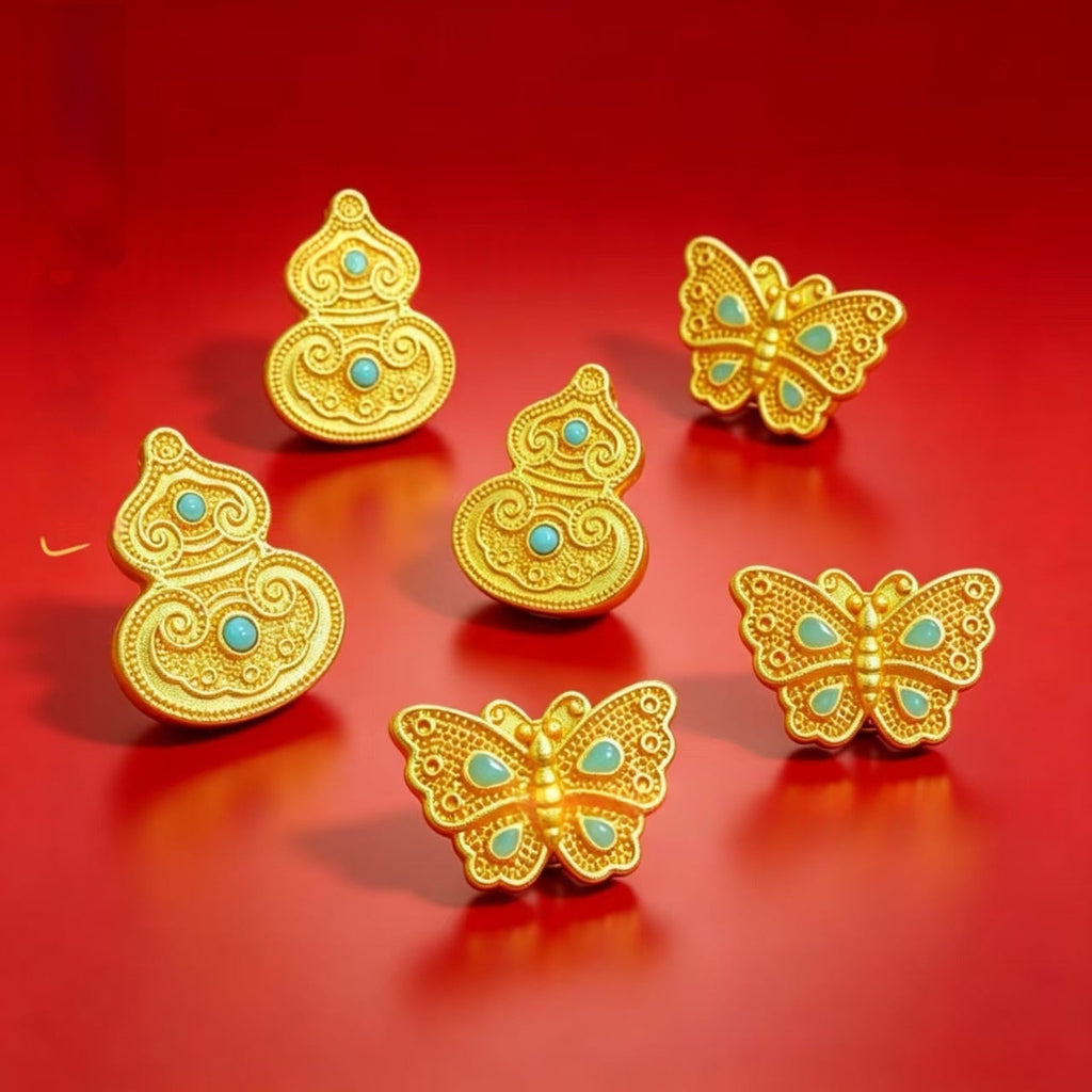 Alluvial Gold Filigree Inlaid With Turquoise Butterfly And Gourd-shaped Loose Beads