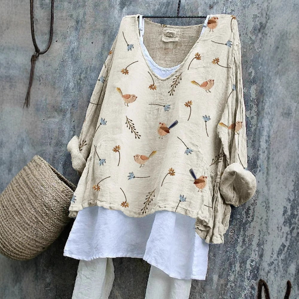 SpringSummer V-neck Long-sleeve Shirt Artistic Retro And Relaxed-fit