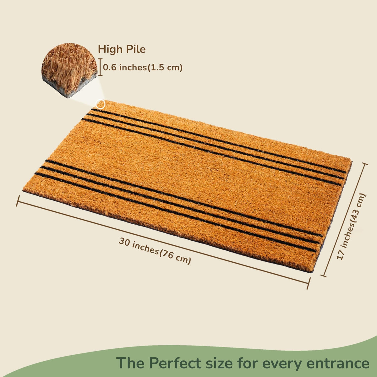 Coco Coir Door Mat Plain Welcome Mat with Stripes Beige 30x17