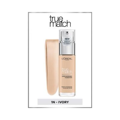 Loreal Paris True Match Foundation: 1N Ivory - Hyaluronic Acid & Vitamin E, Lightweight, Natural Look, SPF 17, Skin Tone Evener