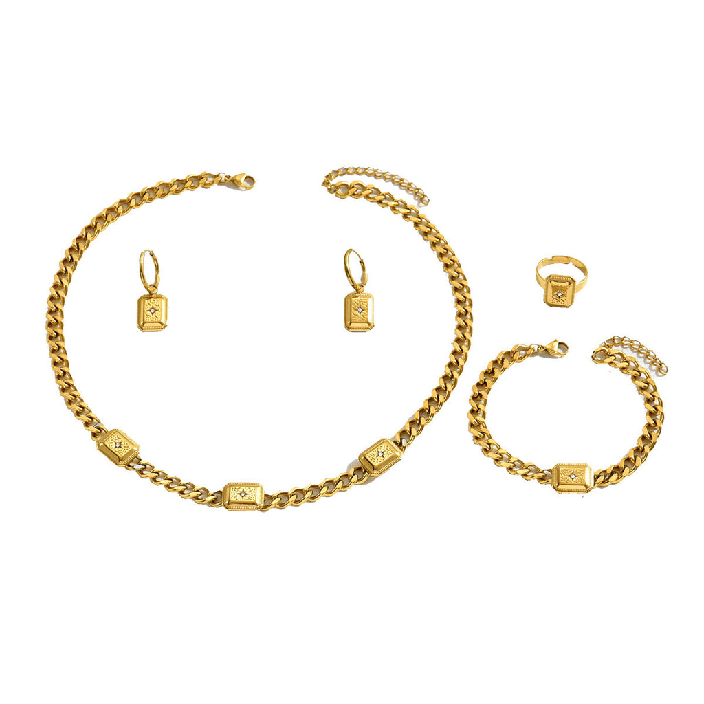 Ins Vintage Court Style Jewelry Set, Geometric Cubic Zirconia Inlaid Bracelet, Ring, Earrings & Versatile Niche Long Necklace For Women