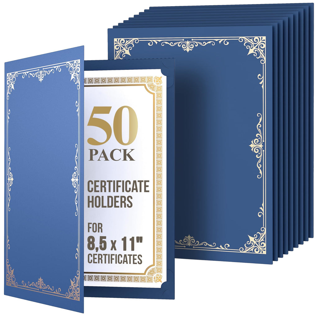 50 Pack Premium Blue Certificate Holders 8.5 x 11 inch Heavyweight 300gsm Cardstock Diploma Holder & Certificate Folder   Award Certificate Folders for Graduation with Gold Foil Diploma Cover