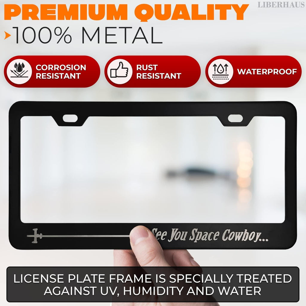 Matte Black License Plate Frame Funny for Anime Fans   See You Space Cowboy Anime License Plate Frame Design (12.2 x 6.3 Inches) Easy to Install Stainless Steel Holder for US & Canada