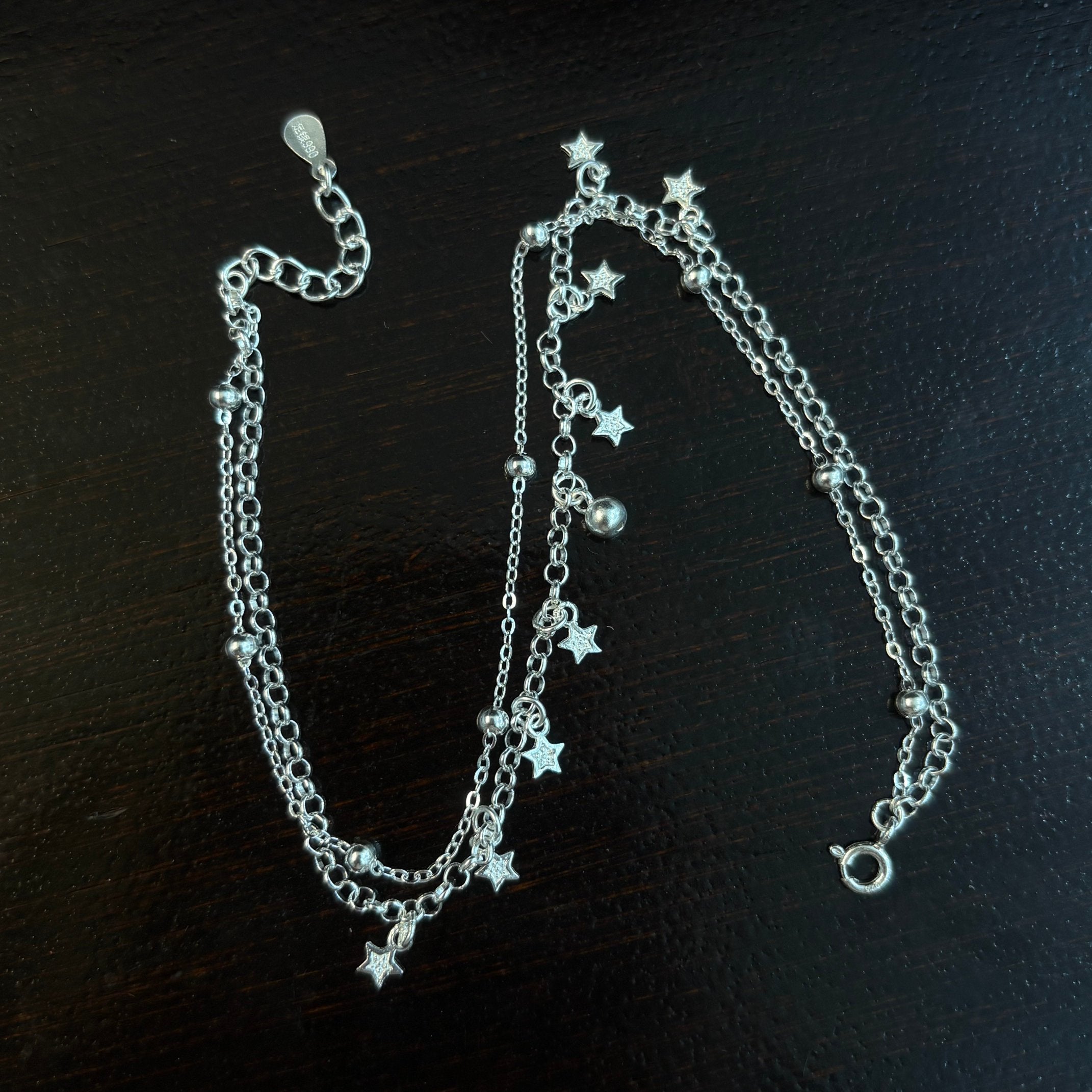 1pc 999 Sterling Silver Double-Layer Star & Bead Anklet, Delicate Luxurious Style, Perfect For Daily Wear & Valentine's Gifts
