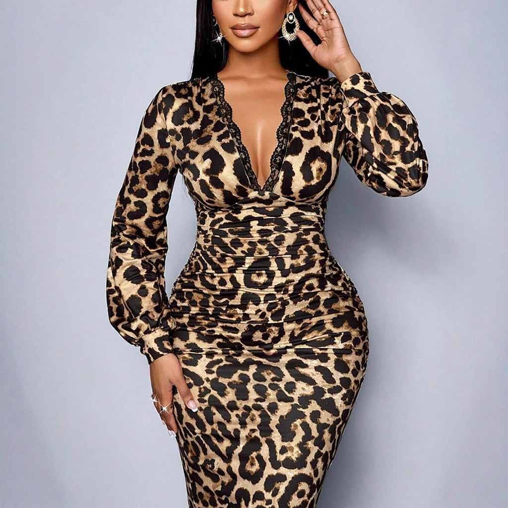 Womens Leopard-Print Long-Sleeve Mid-Length Split Dress