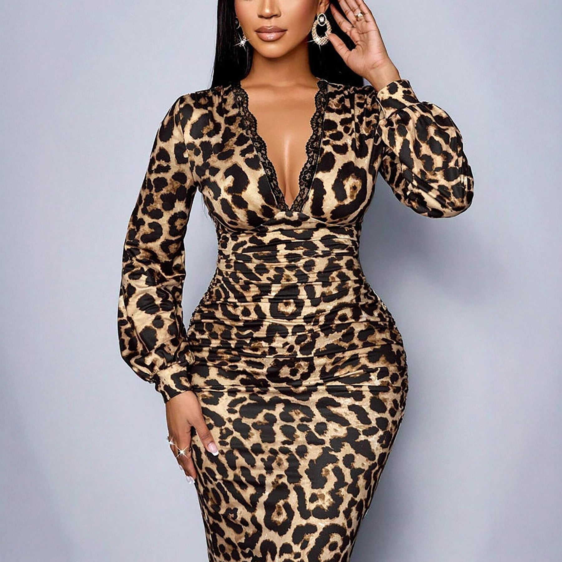 Womens Leopard-Print Long-Sleeve Mid-Length Split Dress