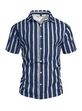 Men's Plus-Size Light Mature Lapel Striped Short-Sleeve Shirt