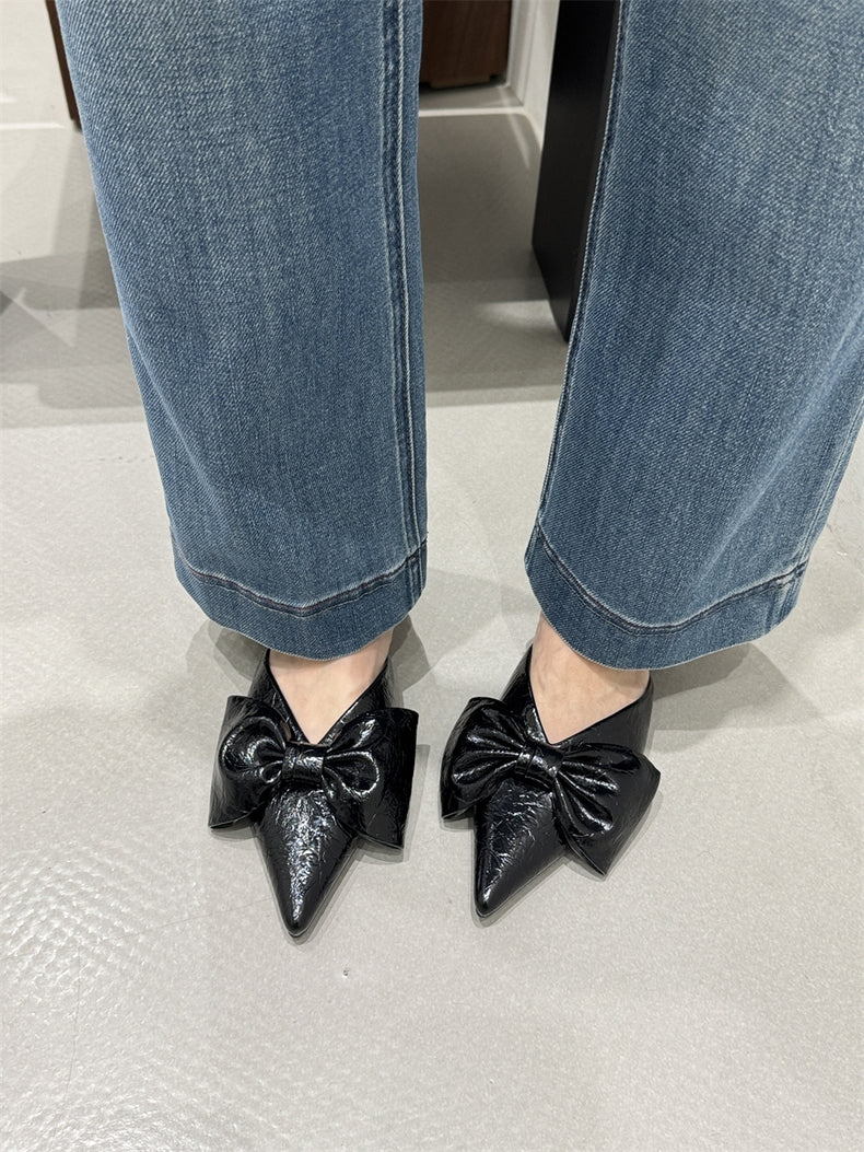Women New Spring Summer Pointed Toe Bow V-Cut Mules, Elegant Flat Closed Toe Slide Sandals For Outdoor Wear