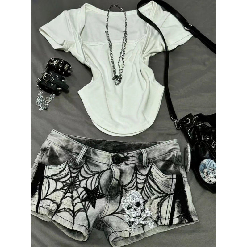 Womens American-style Spiderweb Print Diamond Skull And Star Denim Shorts