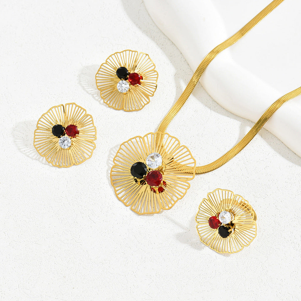 Light Luxury European American Jewelry Set, Floral Niche Design Inlaid Cubic Zirconia, Includes Earrings, Long Pendant Necklace And Matching Ring For Women