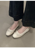 Women Vintage Polka Dot Brogue Perforated Front Bow Ballet Flats, Round Toe Slip On Soft Leather Elegant Office Daily Casual Doll Shoes