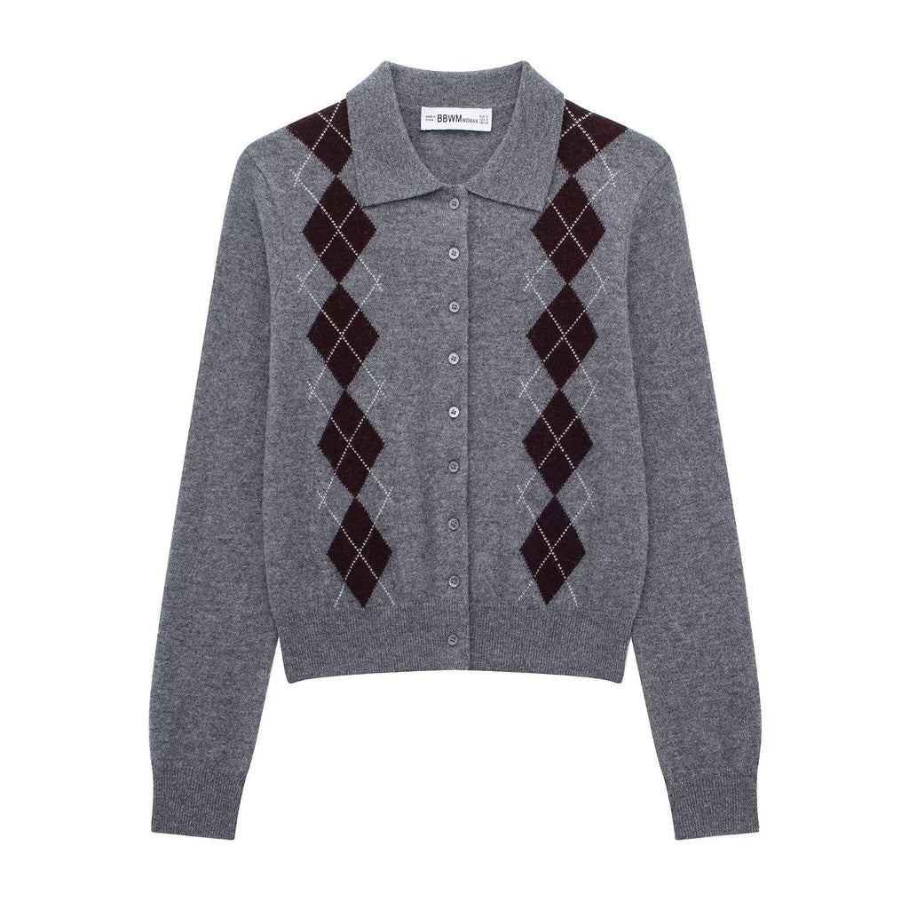 Womens Fashion Lapel Long-Sleeve Single-Breasted Knit Cardigan