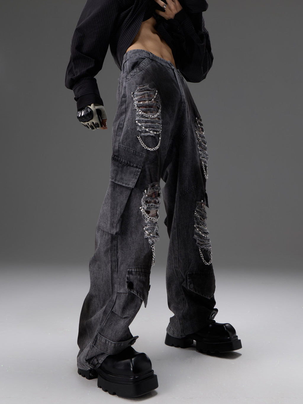 Retro Distressed Denim Jeans With Pearl And Metal Hardware Work Pants