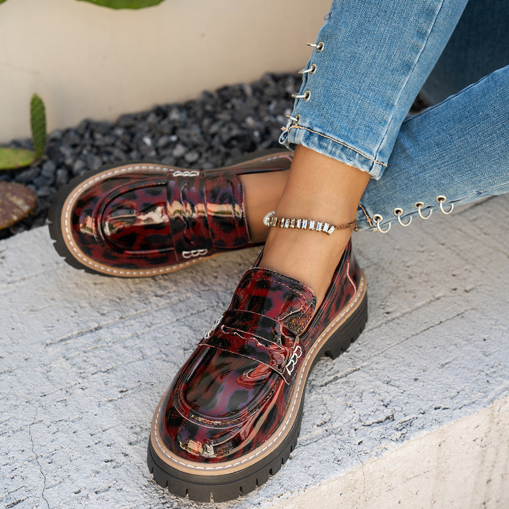 New Autumn Leather Belt-Buckle Patent Leather Leopard-Print Vintage Womens Shoes