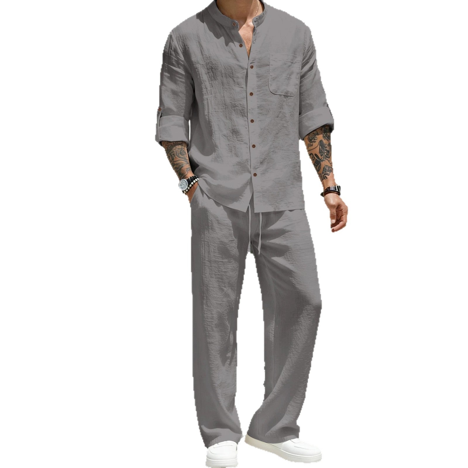 Mens Solid-Color Linen Long-Sleeve Shirt And Pants Two-Piece Set