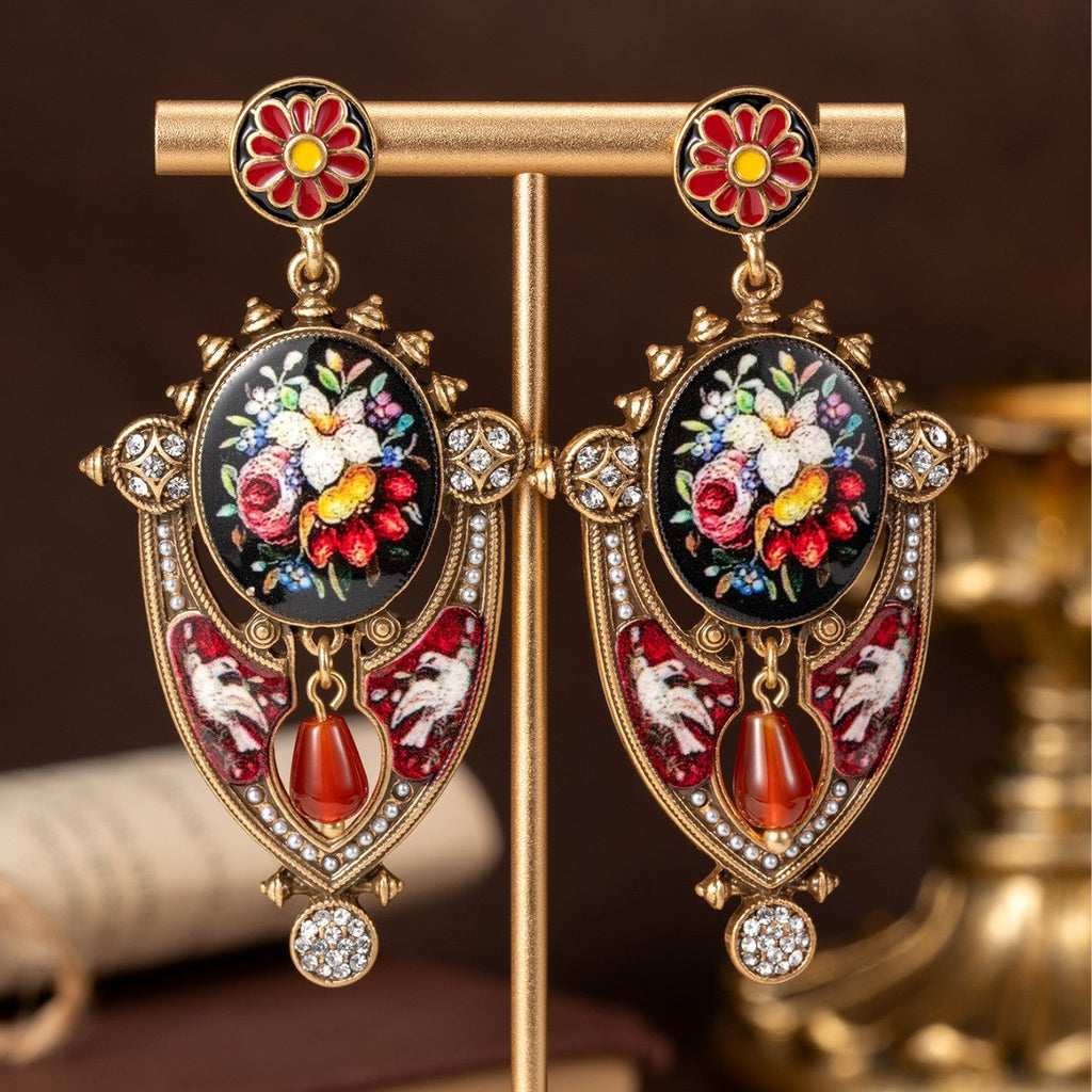 Floral Mural Shield Stud Earrings Regal And Elegant