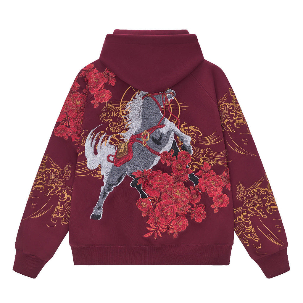 Heavy-embroidered Chinese-style Horse-year Embroidered Hooded Pullover