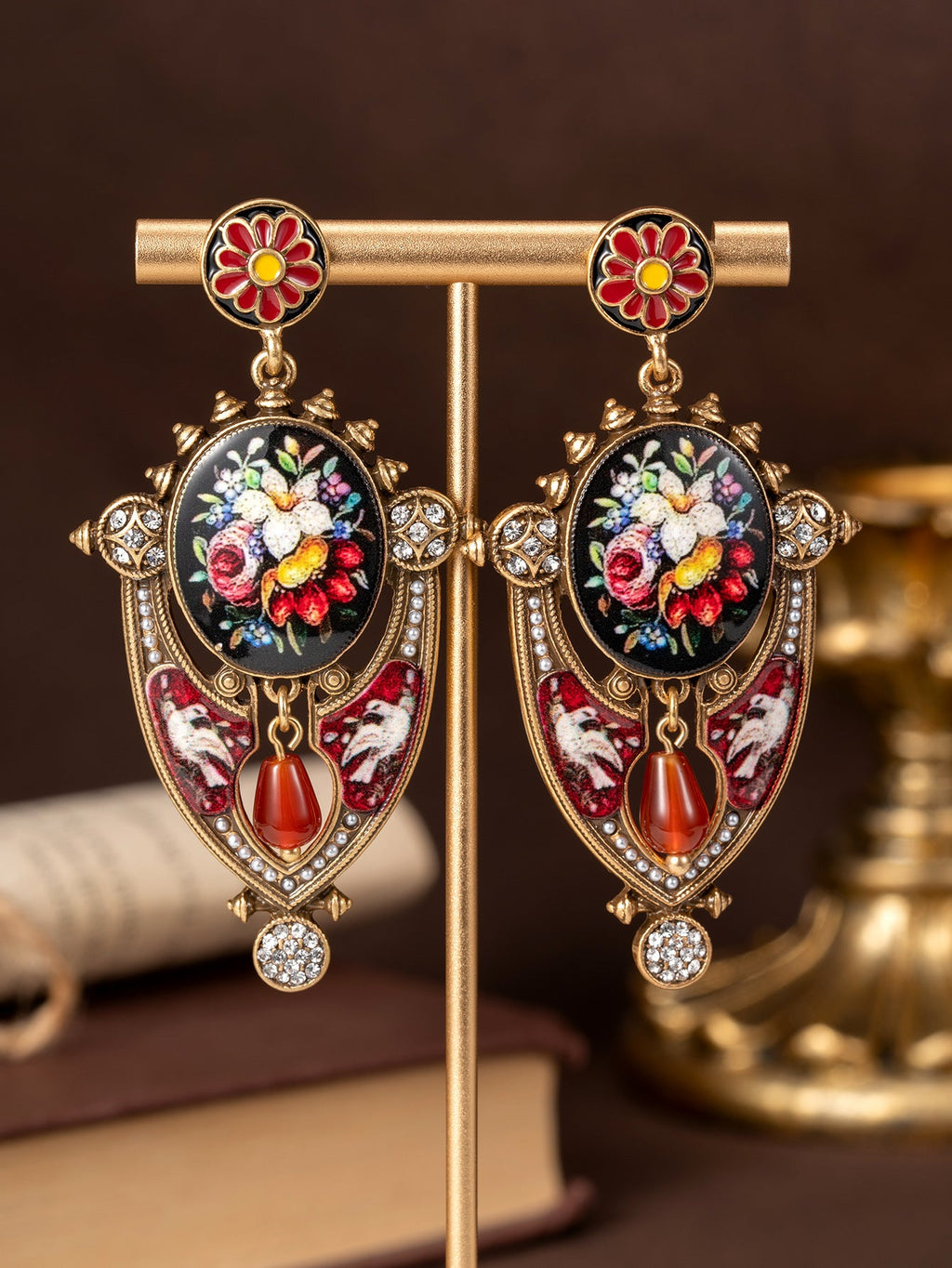 Floral Mural Shield Stud Earrings Regal And Elegant
