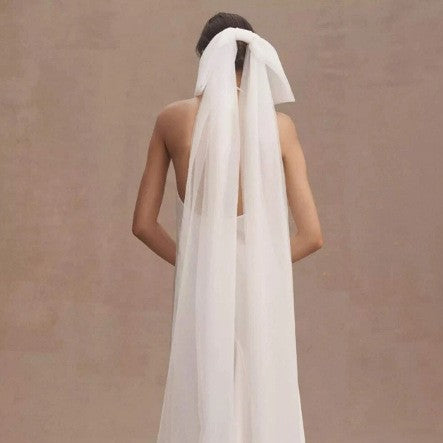 New Minimalist White Double-layer Tulle Bridal Veil With A Bow