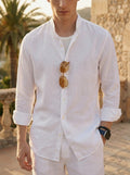Mens Solid Color Loose Fit Casual Linen Shirt Top