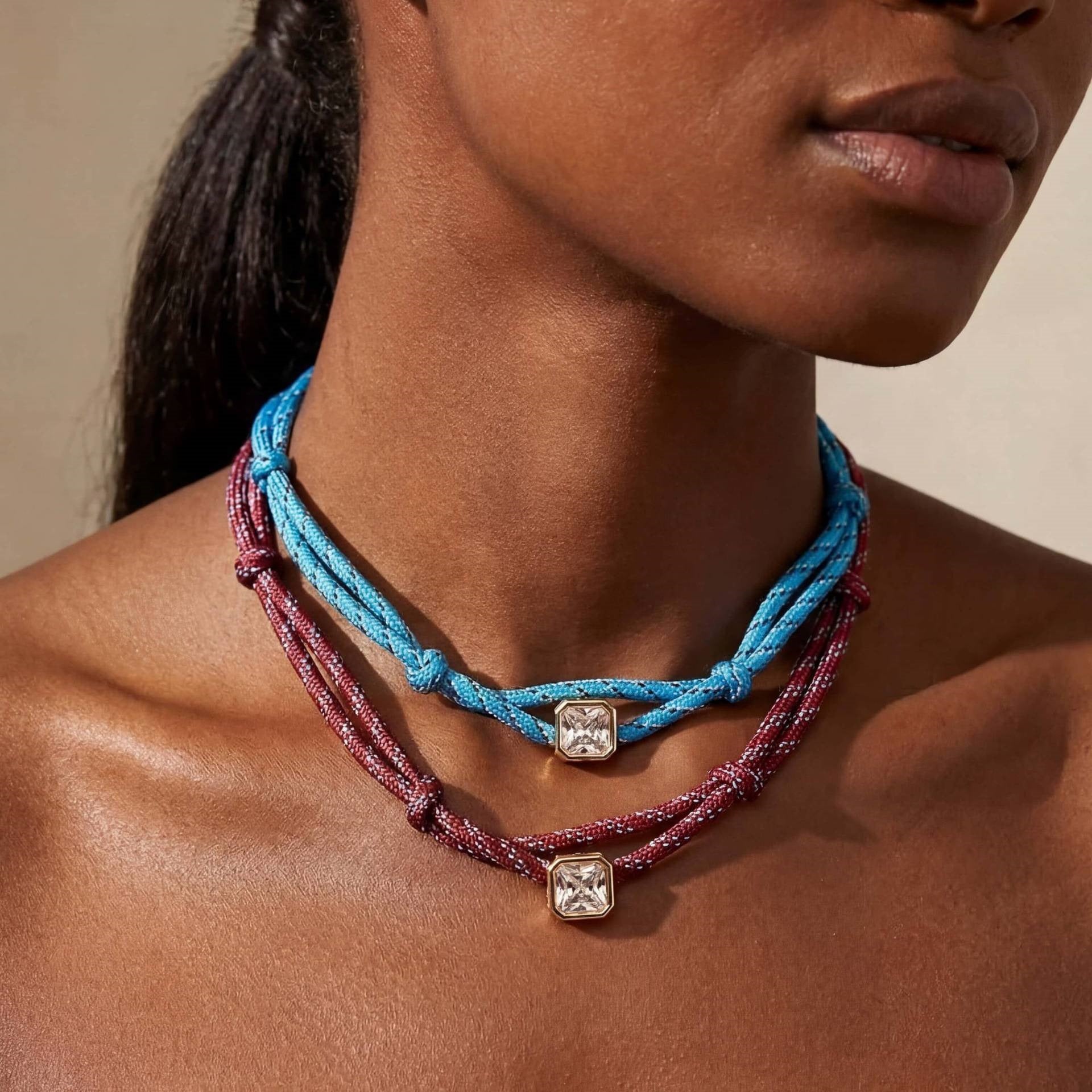 Double-rope Knotted Necklace Layered With A Band