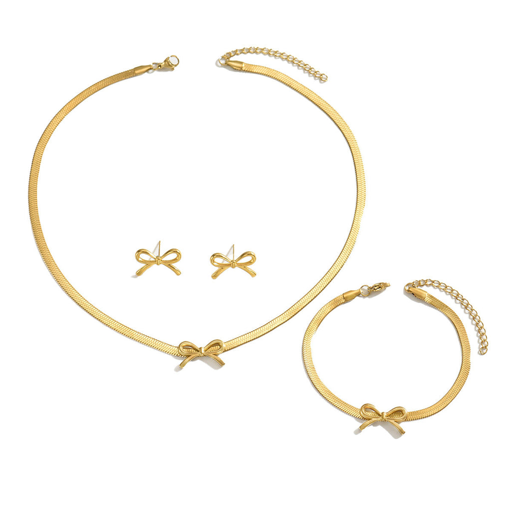 Cross-border European American Women Jewelry Set, Niche Premium Texture Geometric Bowknot Design Matching Necklace & Versatile Ear Accessories