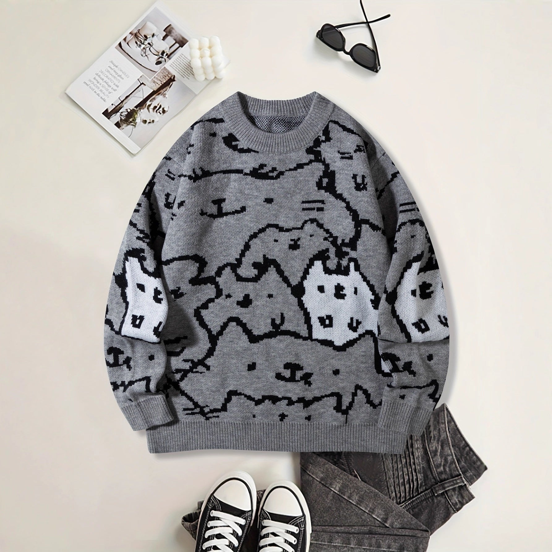 Mens Cute And Quirky Cat-print Knit Sweater