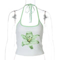 Printed Halterneck Lace-Up Ultra-Cropped Midriff-Baring Tank Top