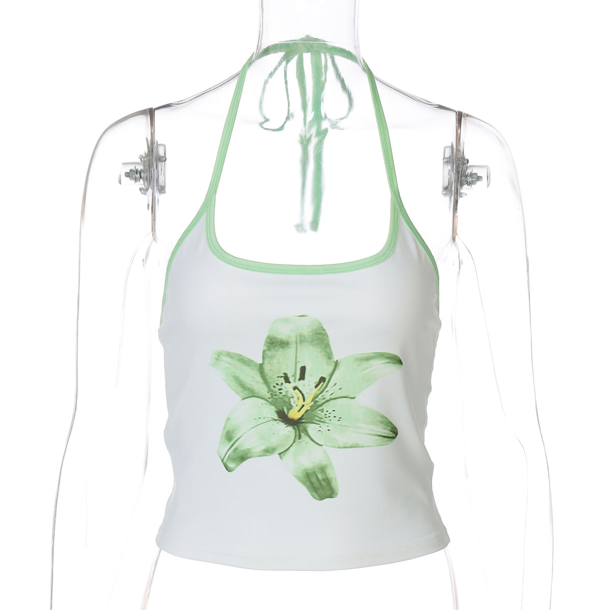 Printed Halterneck Lace-Up Ultra-Cropped Midriff-Baring Tank Top