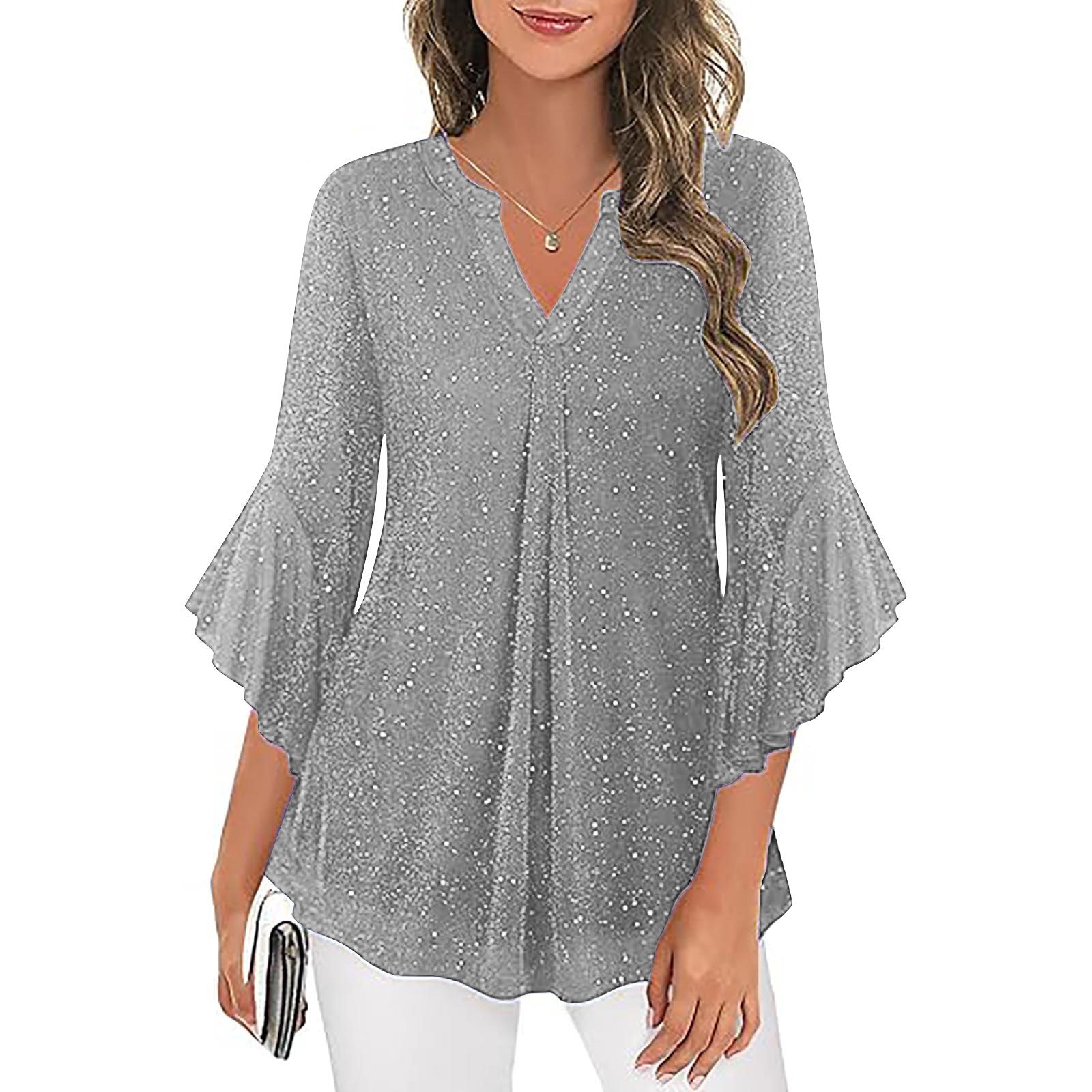 Womens Casual Silver-Thread Mesh V-Neck Petal Three-Quarter Sleeve Loose Top
