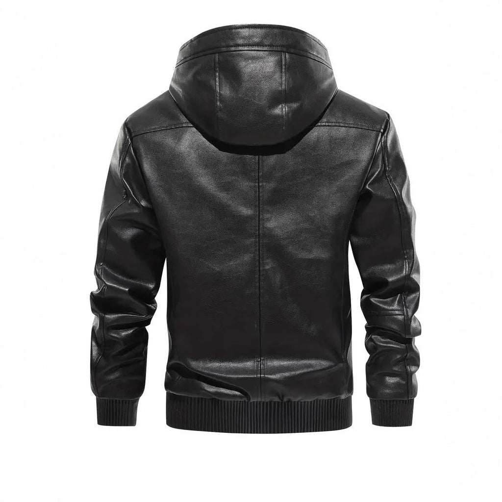 Winter Fleece-lined Men's Casual All-matching Hooded Leather Coat Coat