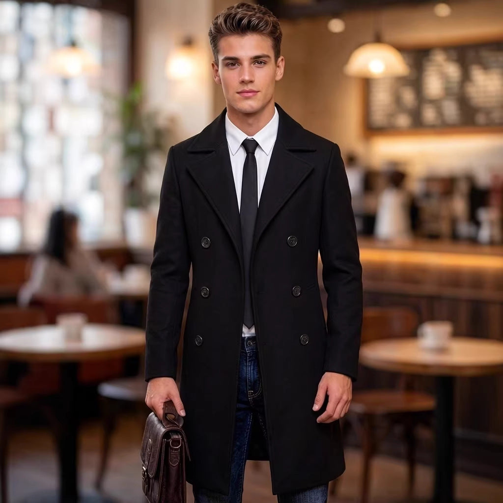 Men's Mid-Length Trench Coat - European American Style Solid Color Single-Breasted Casual Jacket for Daily Wear