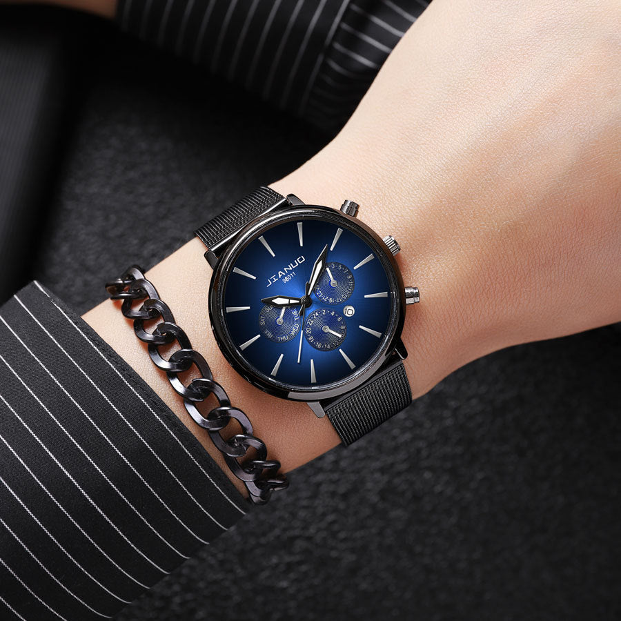 Mens Mesh-band Watch Fashionable Quartz Timepiece With Calendar Suitable For Business And Casual Occasions