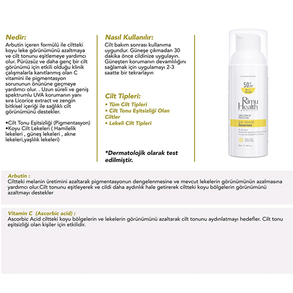Rimu Health Arbutin & Vitamin C Sunscreen: Even Skin Tone, Reduce Dark Spots & UVA Protection - 50ml
