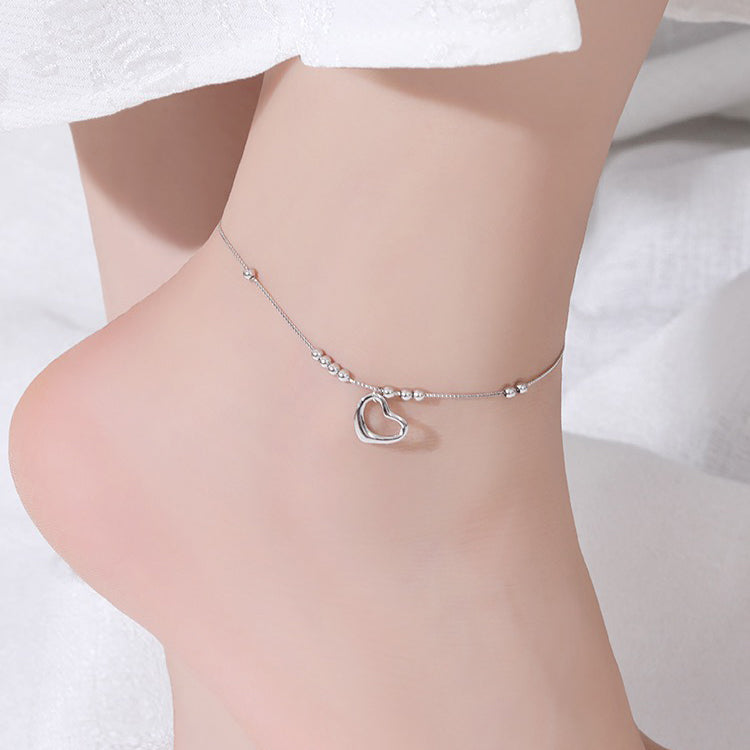 1pcs 999 Sterling Silver Box Chain Hollow Heart Beaded Adjustable Anklet, Sweet Minimalist Style, For Summer Beach Wear & Women Valentine Gifts