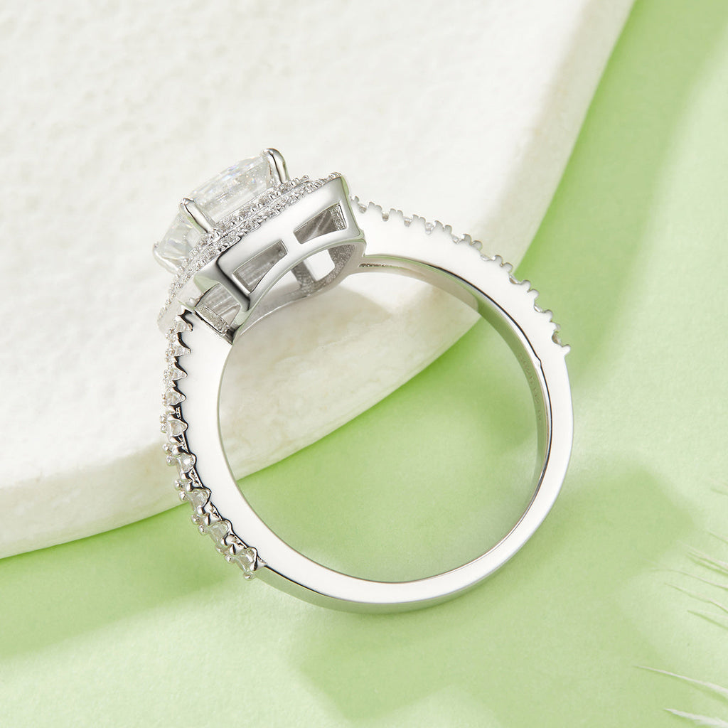 3 Carat Emerald Cut Moissanite Engagement Ring, Double Halo Split Shank S925 Silver Platinum Plated D Color VVS1 With GRA, US 5-9.