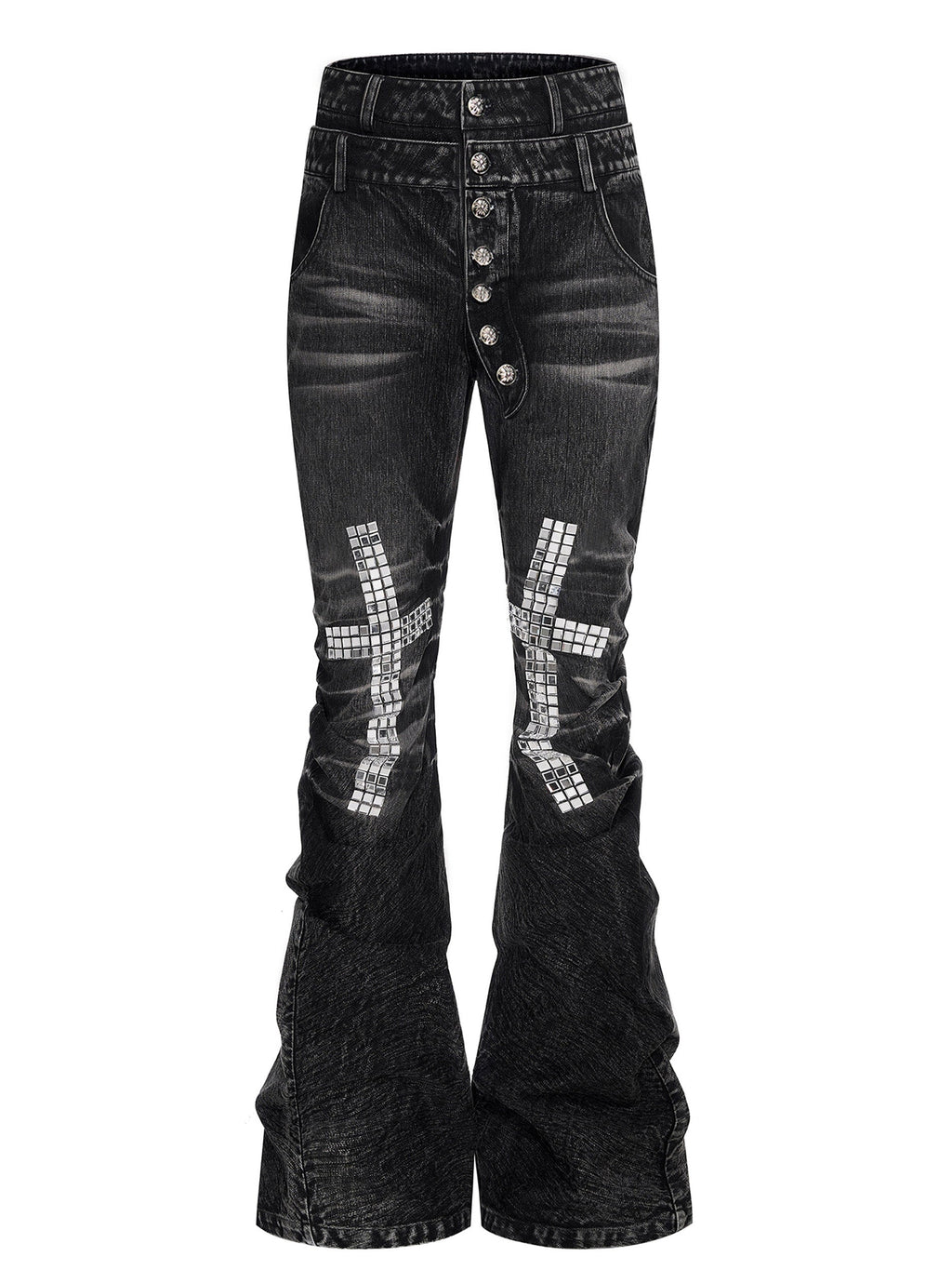 Mens Cross-Design Rhinestone-Embellished Double-Waist Button Denim Jeans