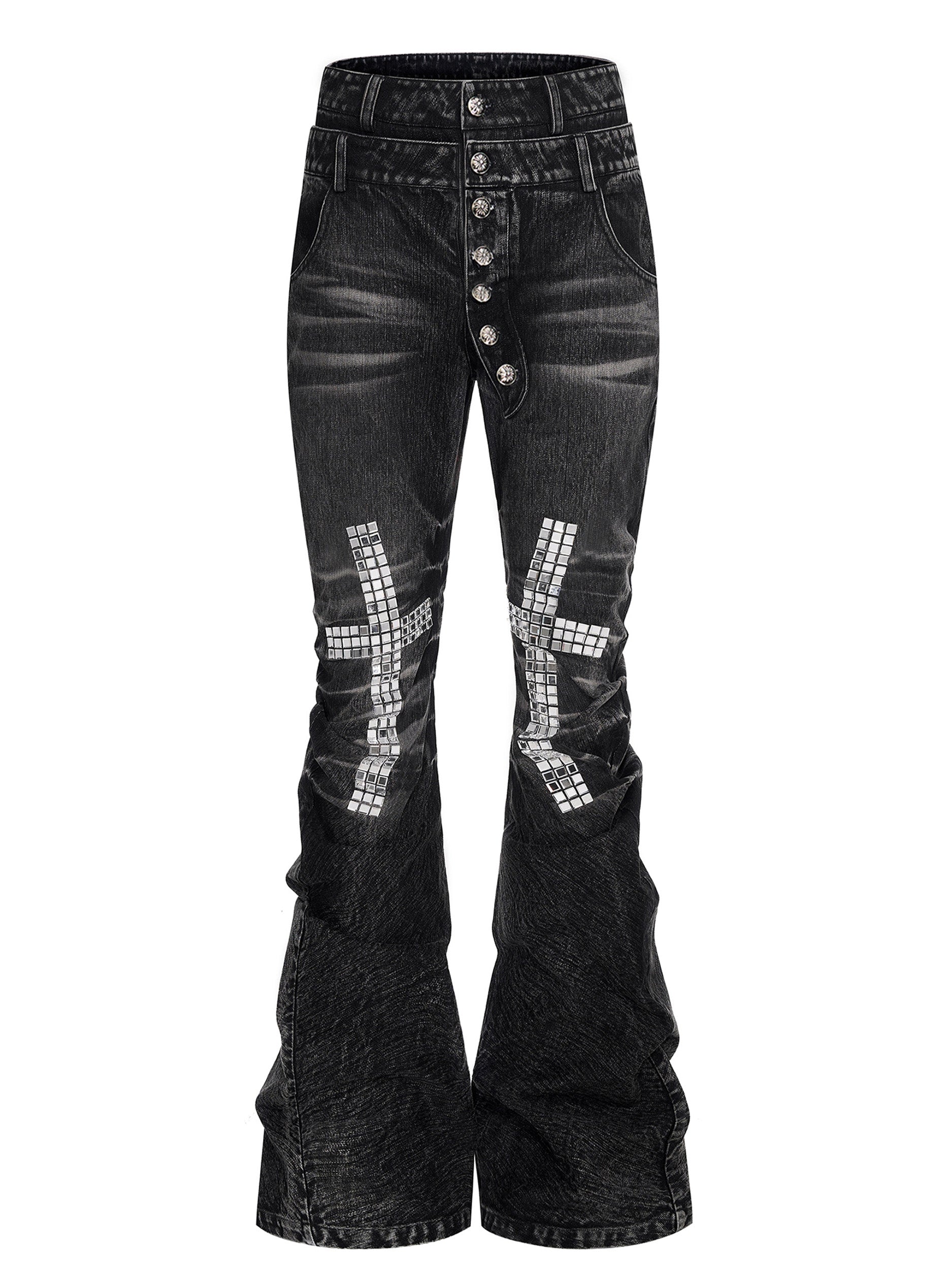 Mens Cross-Design Rhinestone-Embellished Double-Waist Button Denim Jeans