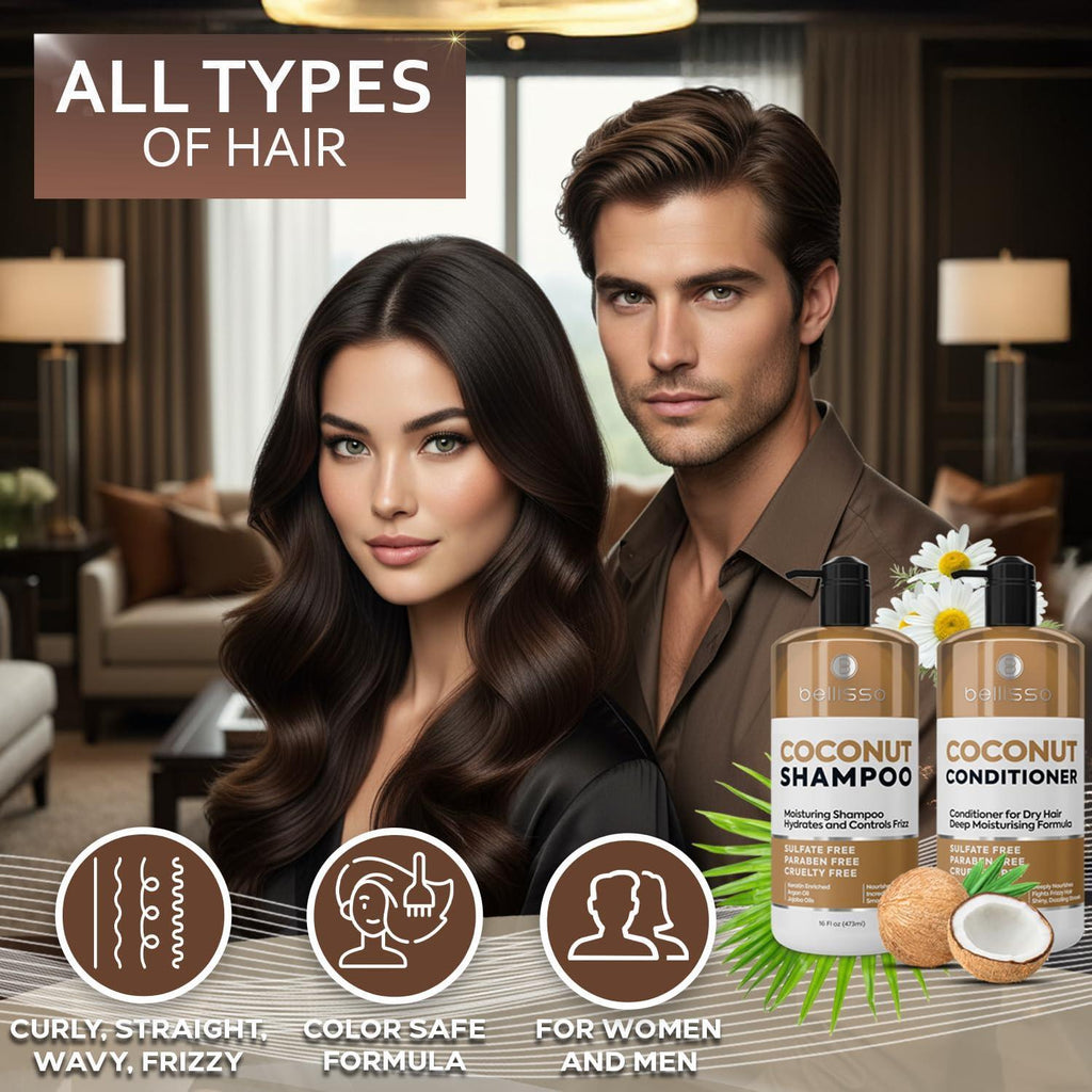 Coconut Shampoo and Conditioner Set 16 Fl Oz Set of 2 Sulfate Free Deep Moisturizing Hydrating Anti Frizz Formula for Women and Men Professional Salon Grade Dry Damaged Hair Care Products