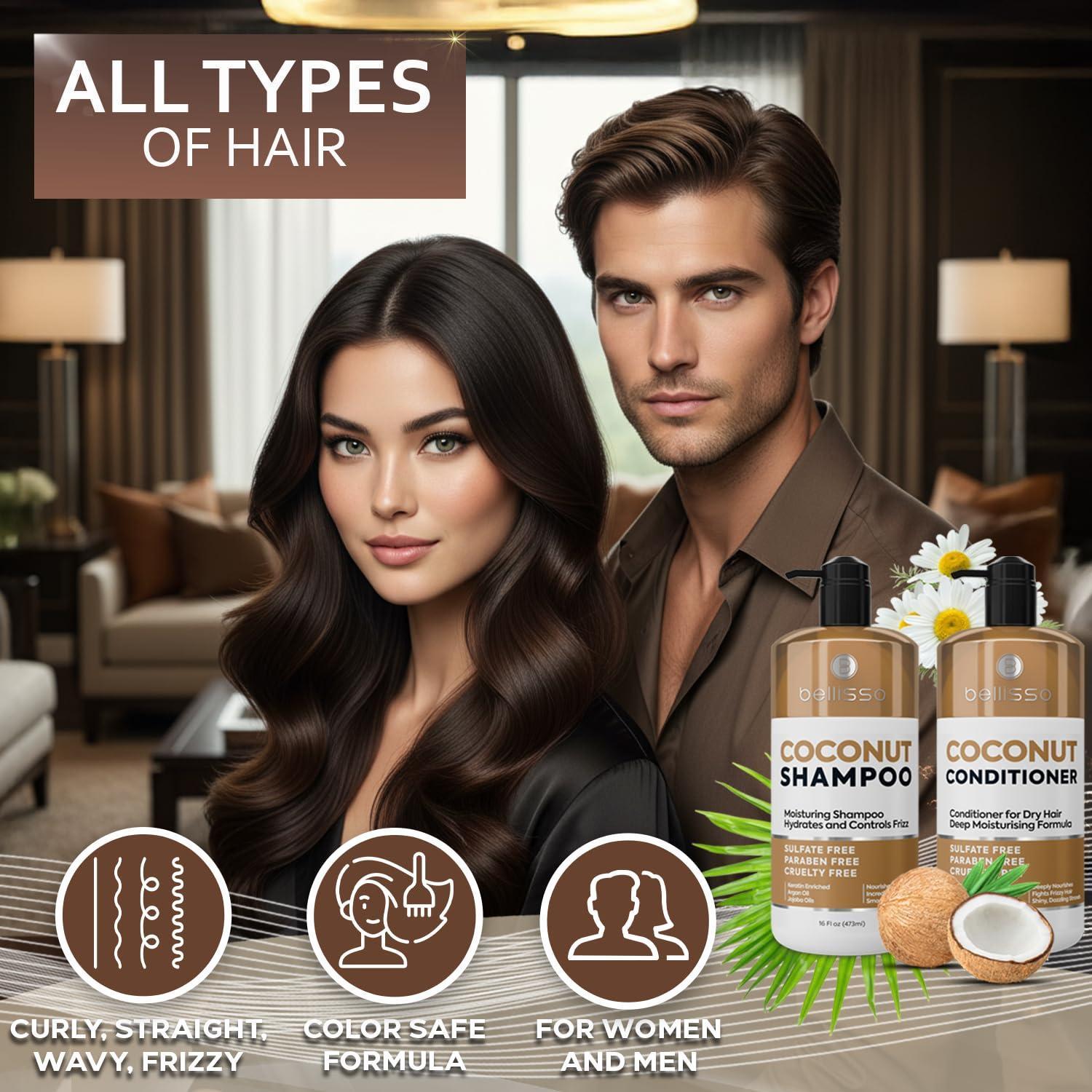 Coconut Shampoo and Conditioner Set 16 Fl Oz Set of 2 Sulfate Free Deep Moisturizing Hydrating Anti Frizz Formula for Women and Men Professional Salon Grade Dry Damaged Hair Care Products