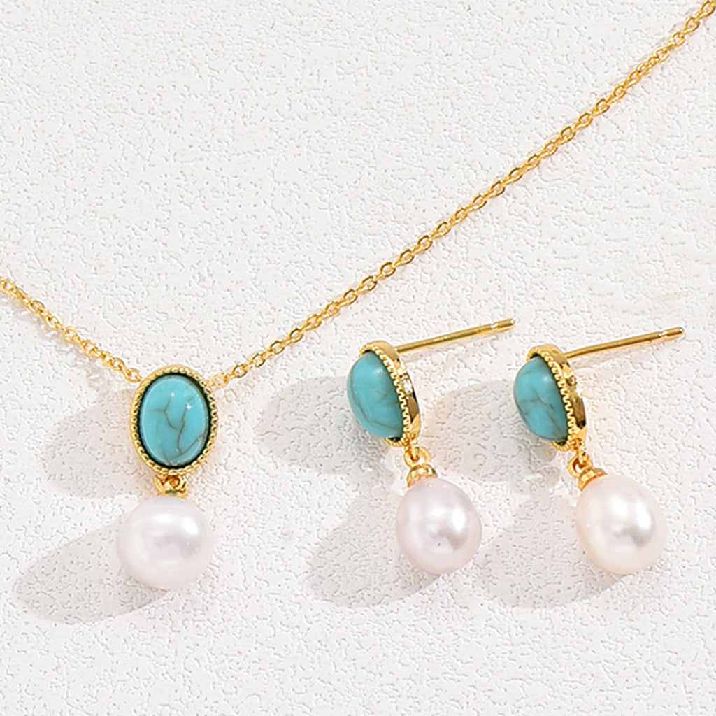 Minimal Literary Retro Jewelry Set, Niche Inlaid Pearl Stud Earrings, Versatile Necklace & Ring Matching Accessories For Women