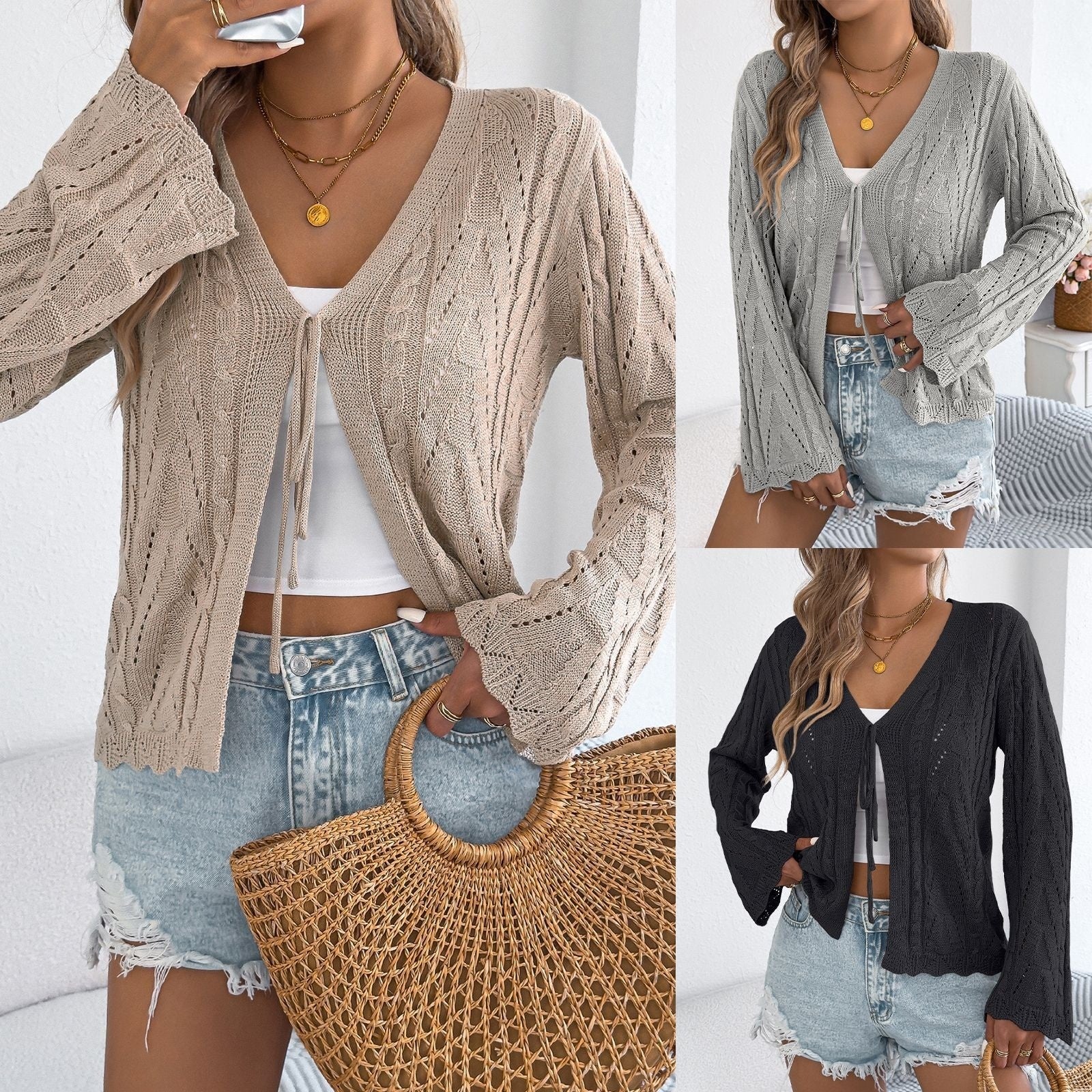 Solid-color Hollow-out Lace-up Flared-sleeve Knit Top For Women