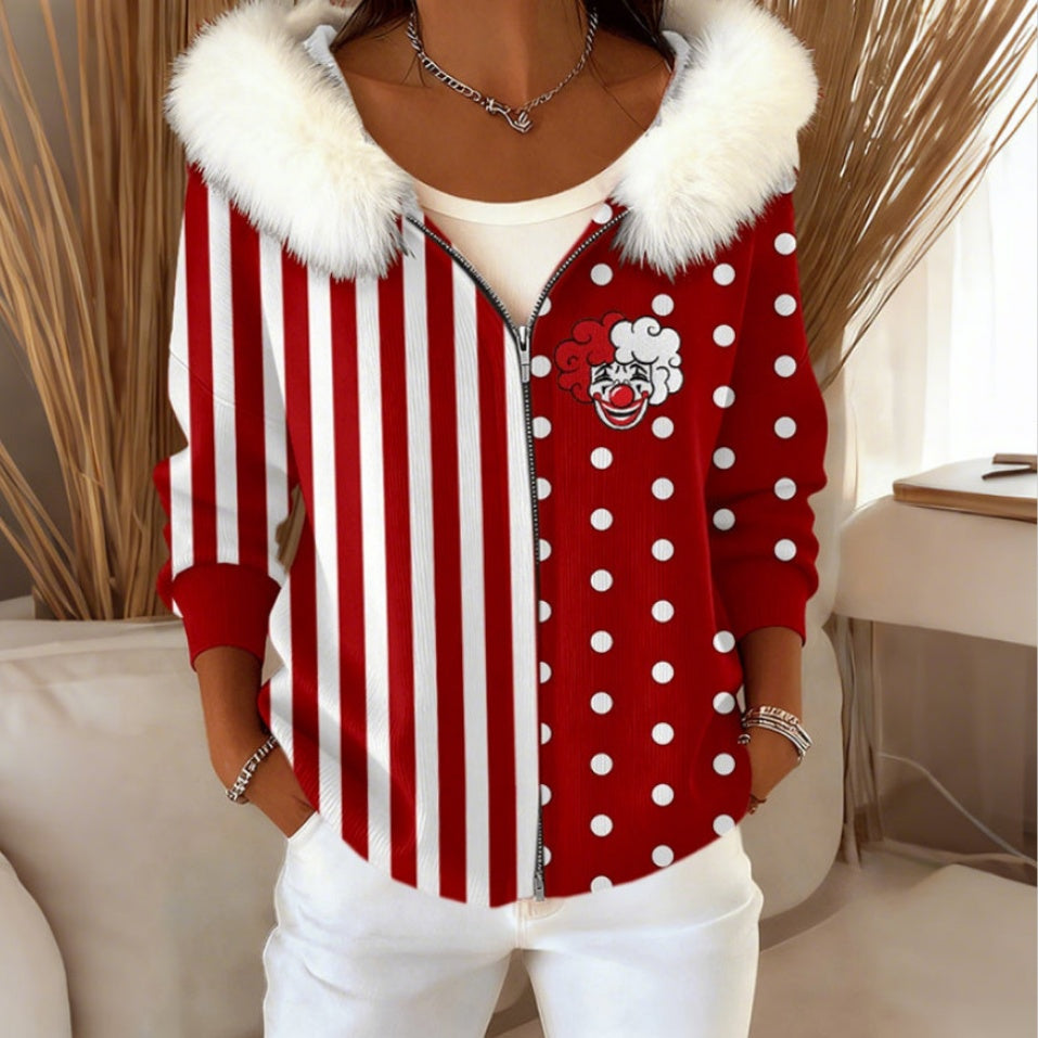 Womens Digital Print Cardigan With Fur-Lined Hooded Sweatshirt