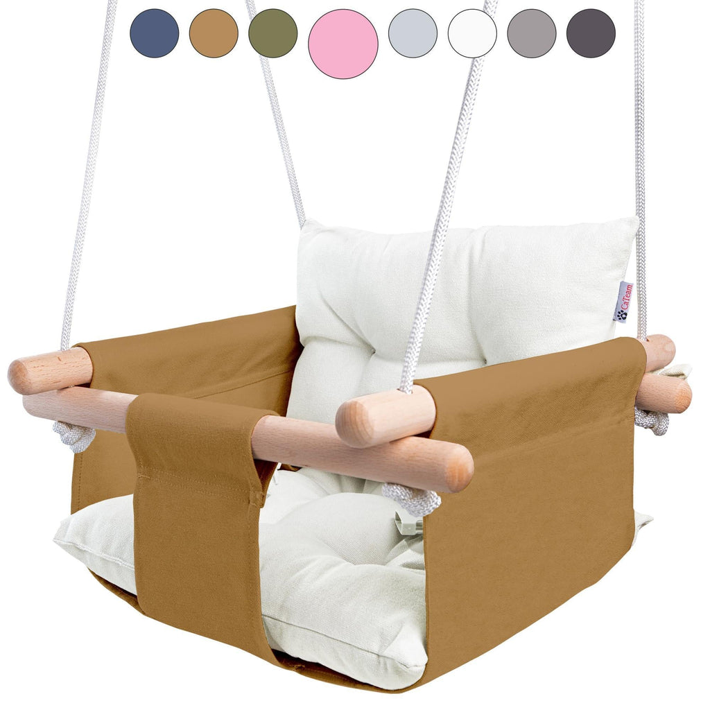 Ocher Canvas Baby Swing Chair Wooden Hanging Seat with Safety Belt Durable and Comfortable for Kids Indoor and Outdoor Use Mounting Hardware Included Ocher