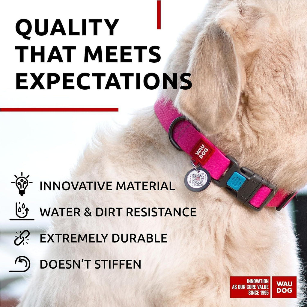 Waterproof Dog Collar Adjustable 17–28 in Neck x 1 3/5 in Wide Buckle & QR Tag Pink